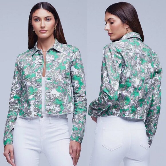 L'Agence Janice Black Rose Floral Print Cropped Denim Jean Trucker Jacket Small - Picture 16 of 16